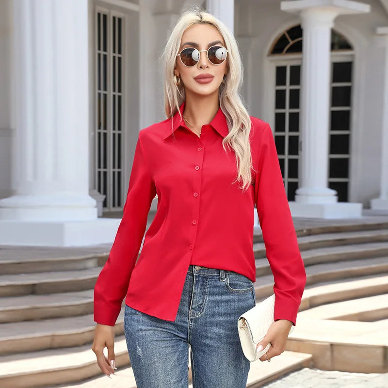 1pcs Woman Spring Autumn Solid color Shirts Lady Casual Long Sleeve Turn-down Collar Loose Shirt Female Fashion Temperament Tops.
