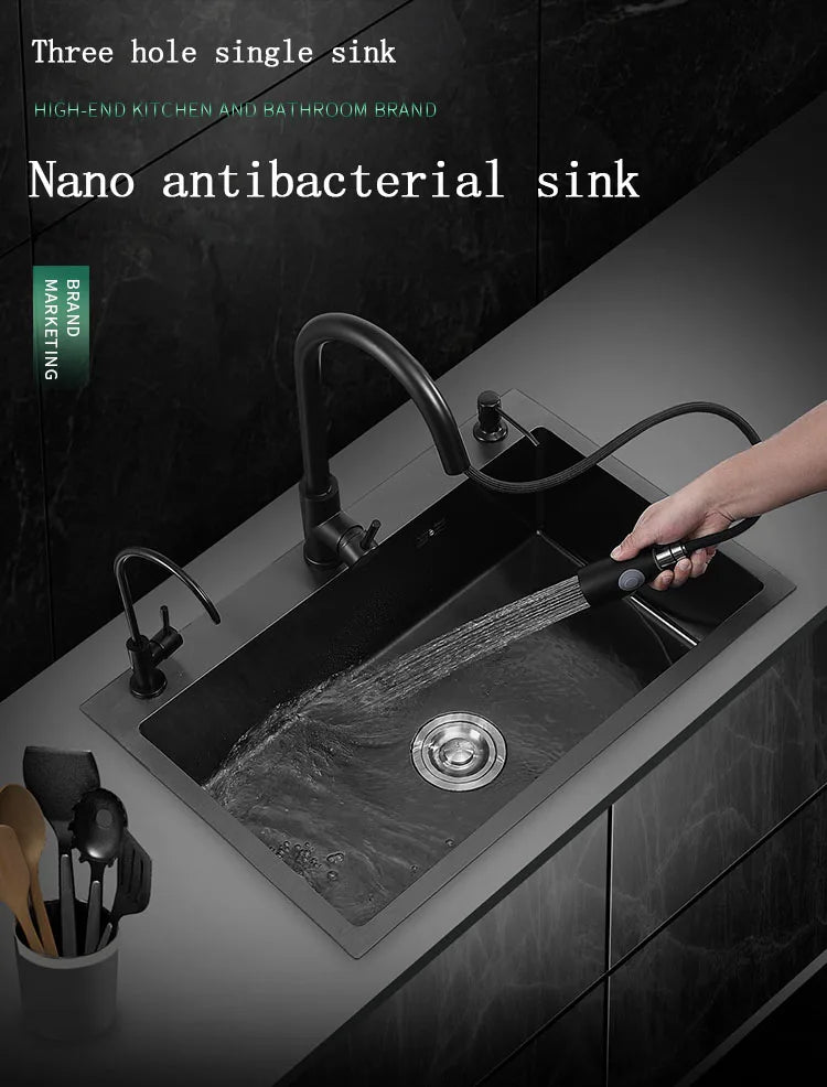kitchen sink Black nano-sink single-slot household hand-washing basin kitchen large 304 stainless steel sink sink bowl