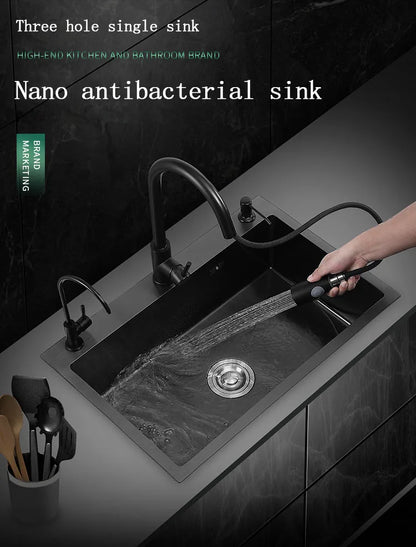 kitchen sink Black nano-sink single-slot household hand-washing basin kitchen large 304 stainless steel sink sink bowl