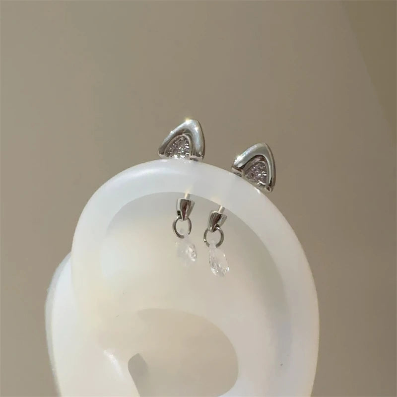 Silver Color Cat's Ear Droplet Shaped Zircon Stainless Steel Ear Bone Nail Earring for Women New Trendy Body Piercing Accessorie