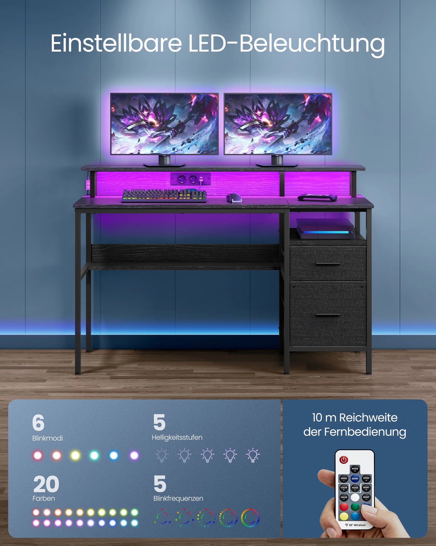 VASAGLE Schreibtisch mit Schubladen, Computertisch mit Monitorständer, LED-Beleuchtung, 55 x 135 x 90 cm, eingebaute Steckdosen