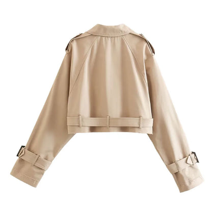 Frauen kurze Blazer Jacken Herbst elegante Vintage einfarbige Langarm Zweireiher Trenchcoat mit Gürtel.