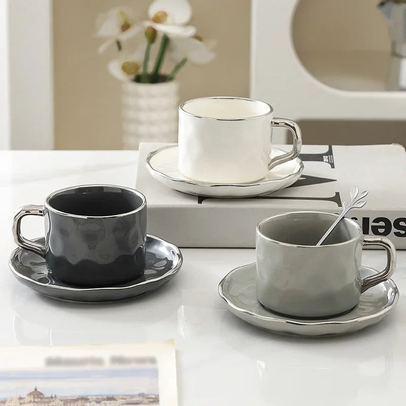 230ml European Style Coffee Cup with Saucer and spoon Ceramic mug Solid Color Tea Cup and Saucer Set Afternoon Tea Milk Cup.