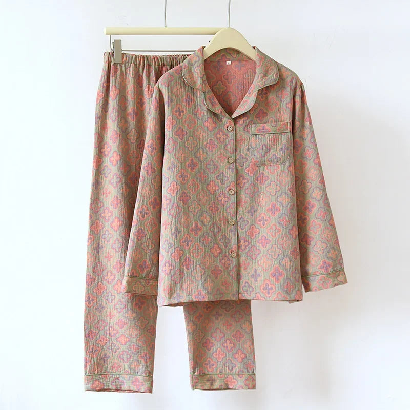 100% Cotton Crepe Homeclothes 2023 Autumn/Winter Women's Pajamas Suit Long-Sleeved Trousers 2-piece Yarn-Dyed Jacquard Pajamas.