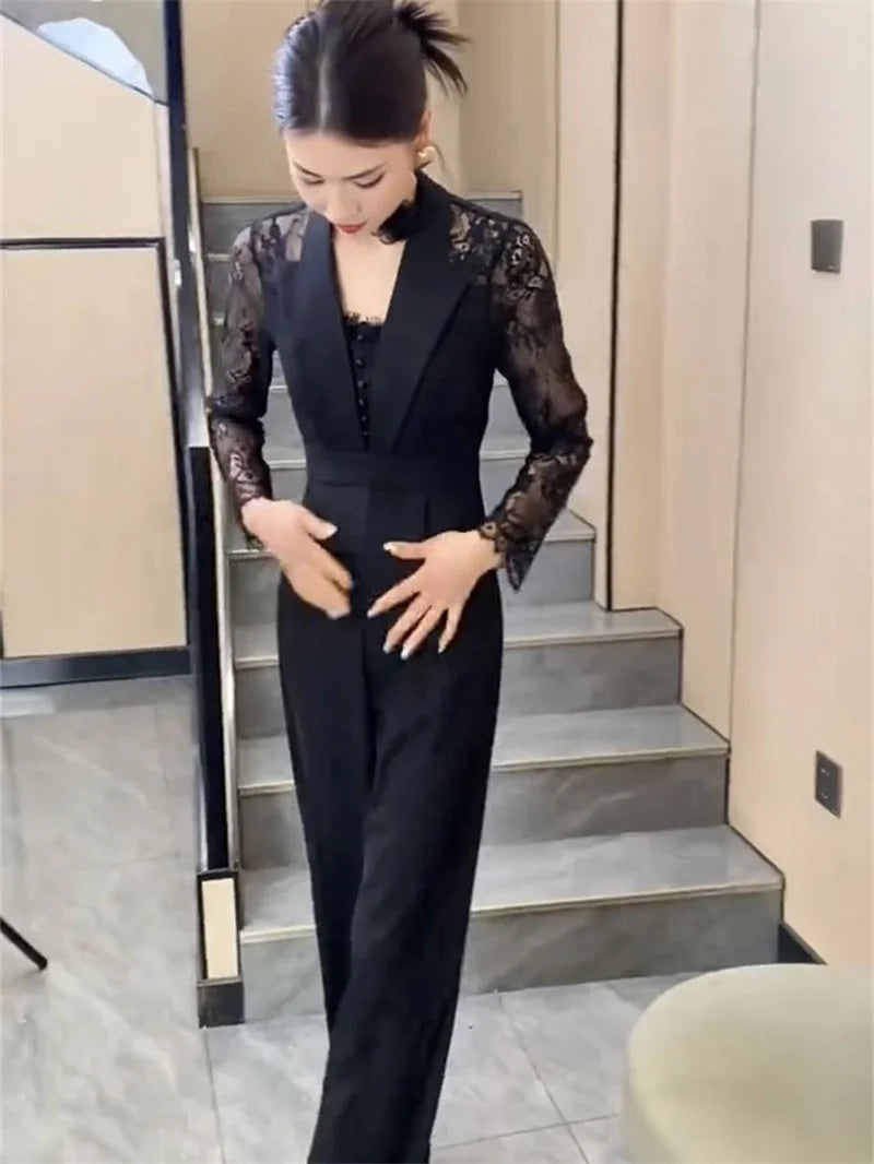 BESTBAFU Sexy Lace Patchwork Sheer Jumpsuit Women  Spring Elegant Office Formal Outfit Black High Waist Wide Leg Romper 126P.