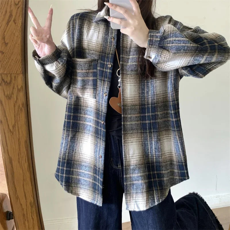 Zjaiss Women Thick Woolen Plaid Blouse Loose Long Sleeved Tops 2025 Autumn Winter New Casual Shirt Long Shirts