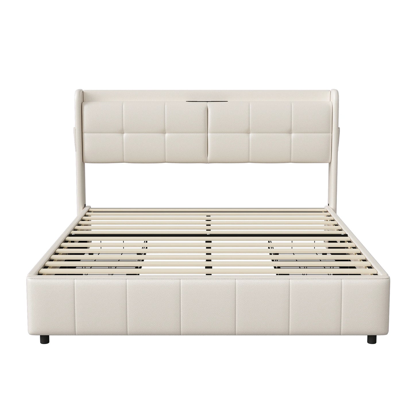 Lazyspace 140 x 200 cm Doppelbett mit 4 Schubladen, weiß gepolstertes Bett, Kopfteil mit Stauraum, USB, PU-Leder, keine Matratze