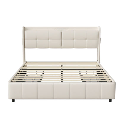 Lazyspace 140 x 200 cm Doppelbett mit 4 Schubladen, weiß gepolstertes Bett, Kopfteil mit Stauraum, USB, PU-Leder, keine Matratze