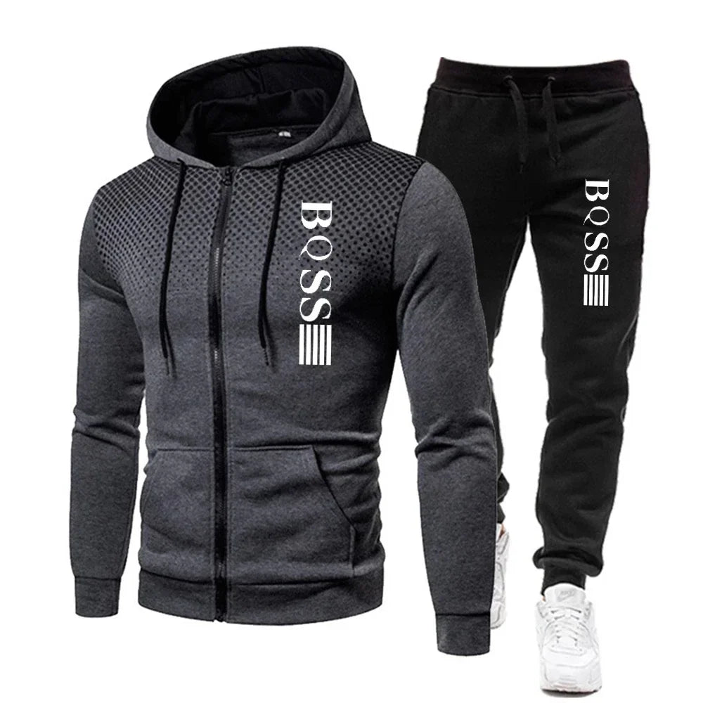 2025 Men's fashion printed sportswear, zipper hooded sweatshirt + sportswear pants, casual fitness jogging sportswear set.