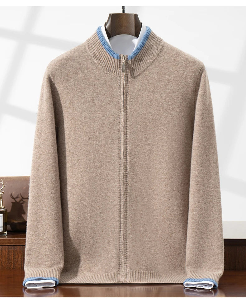 100% Wool Cardigan for Men, Half Turtleneck, Zipper, Color Block, Thickened Sweater, Business Casual Outerwear, Knitted Jacket.