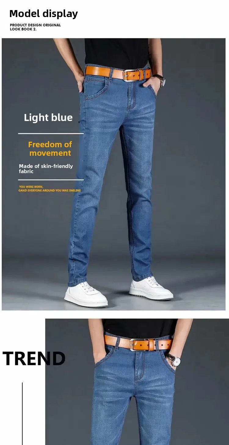 New 2025 Men's Slim Fit Casual Jeans Thin Straight Leg Summer Elastic Comfortable Long Trousers Versatile Style for All Occasion