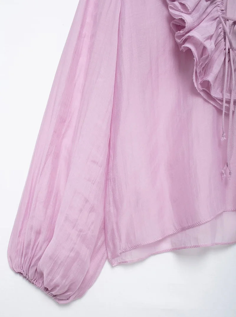 MUJER 2025 Ruffle Blouses for Women Semi Sheer Casual Blouse Woman Pleated Summer Shirts and Blouses Women Long Sleeve Women Top.