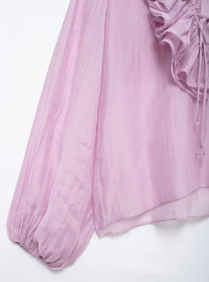 MUJER 2025 Ruffle Blouses for Women Semi Sheer Casual Blouse Woman Pleated Summer Shirts and Blouses Women Long Sleeve Women Top.