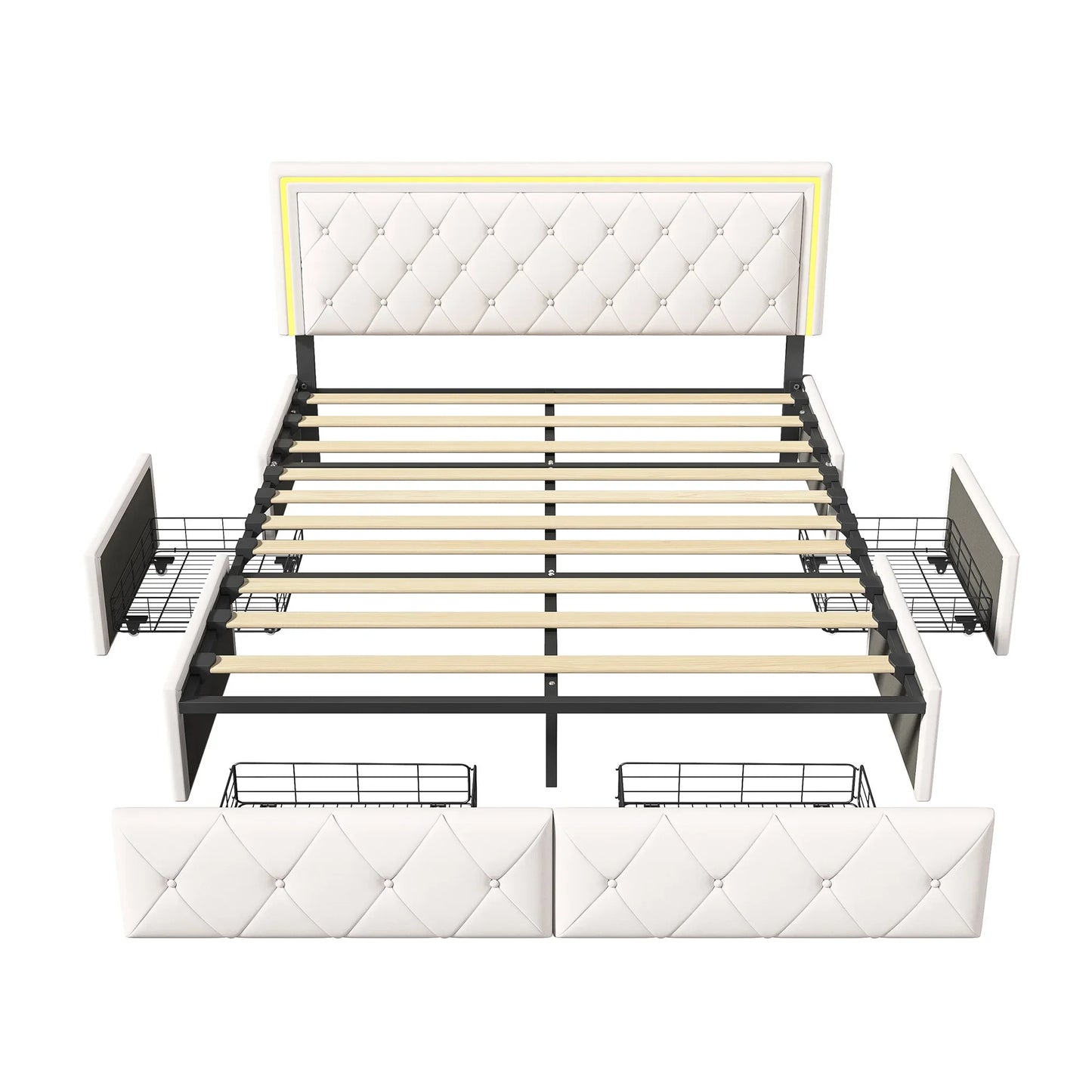 Lazyspace PU-Polsterbett, weißes Einzel- und Doppelbett mit Lattenrost, Holz, mit 4 Schubladen und LED-Kopfteil