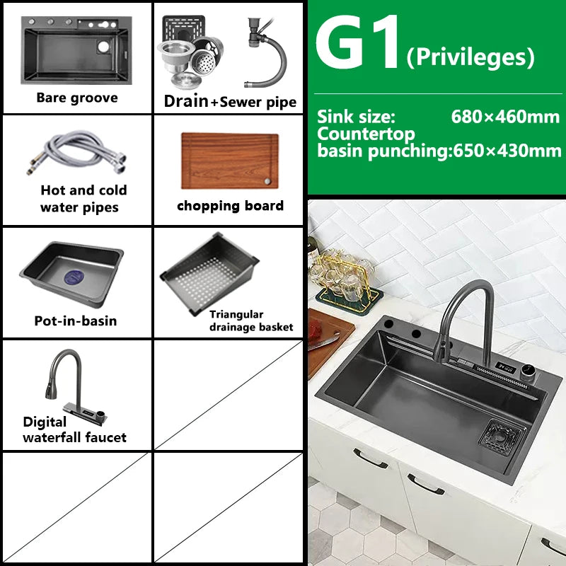 Waterfall Sink Kitchen Stainless Steel Topmount Sink Large Single Slot Wash Basin With Multifunction Touch Waterfall Faucet