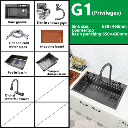 Waterfall Sink Kitchen Stainless Steel Topmount Sink Large Single Slot Wash Basin With Multifunction Touch Waterfall Faucet