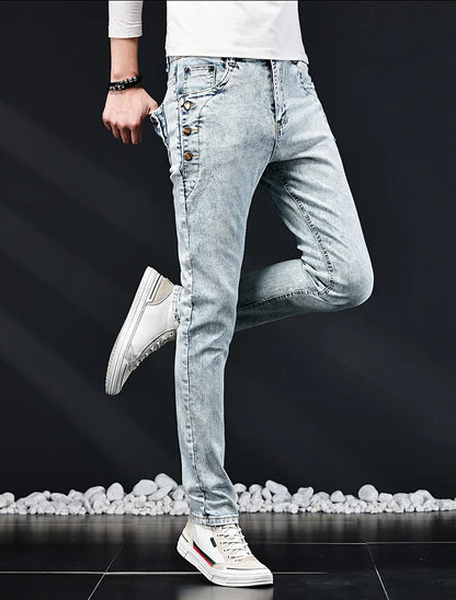 Slim Skinny Jeans Men New Elastic Korean Design Fashion Multi-Button Blue White Vintage Wash Cotton Stretch Denim Pants Trousers.