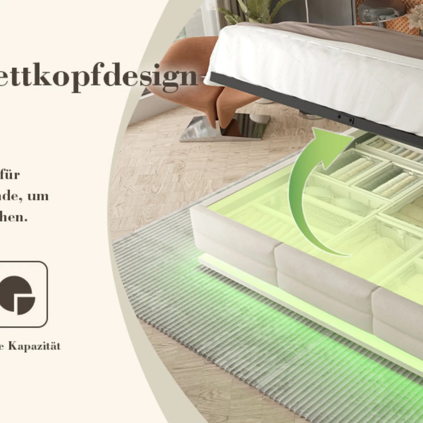 160 x 200 cm großes Bett, modernes, höhenverstellbares Kopfteilbett mit großem Stauraum und LED-Umgebungsbeleuchtung, USB/Typ-C-Verbindungen