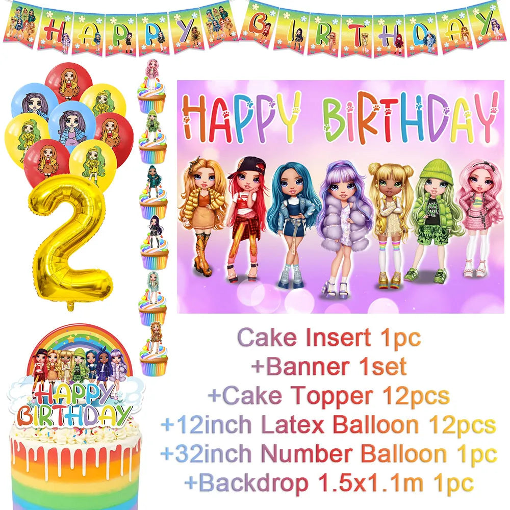 Cartoon Regenbogen Puppe High School Thema Hintergrund Geburtstag Party Dekoration Lieferungen Einweg Tasse Besteck Ballon Baby Geschenk