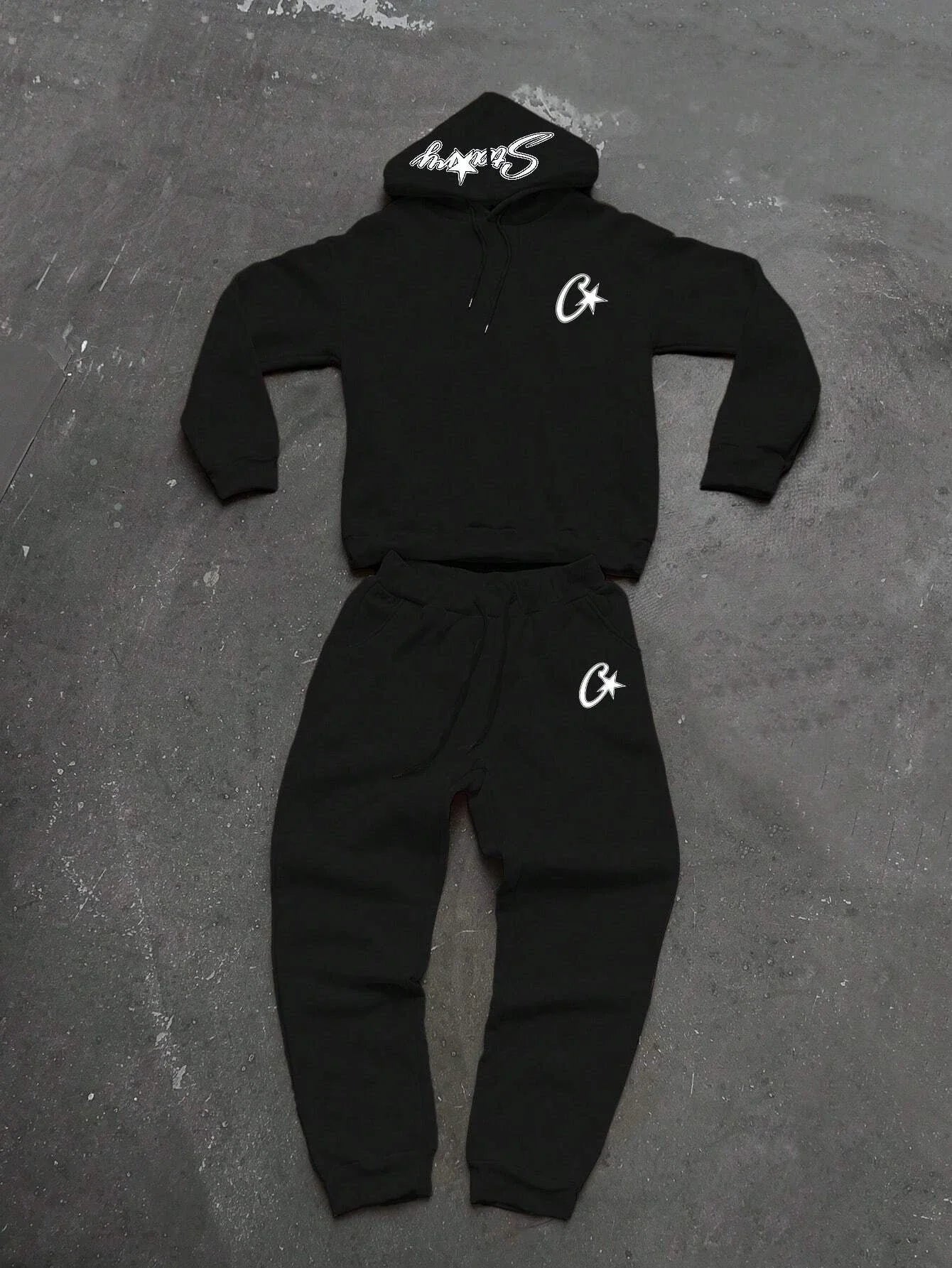 Two-piece black suit Y2K fashion pattern hoodie men clothing Harajuku Gothic women chic sports pants couple suit sportswear.