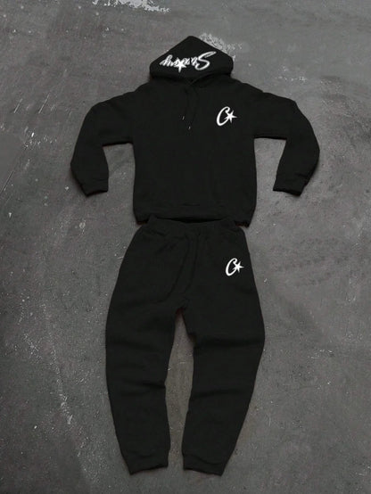 Two-piece black suit Y2K fashion pattern hoodie men clothing Harajuku Gothic women chic sports pants couple suit sportswear.