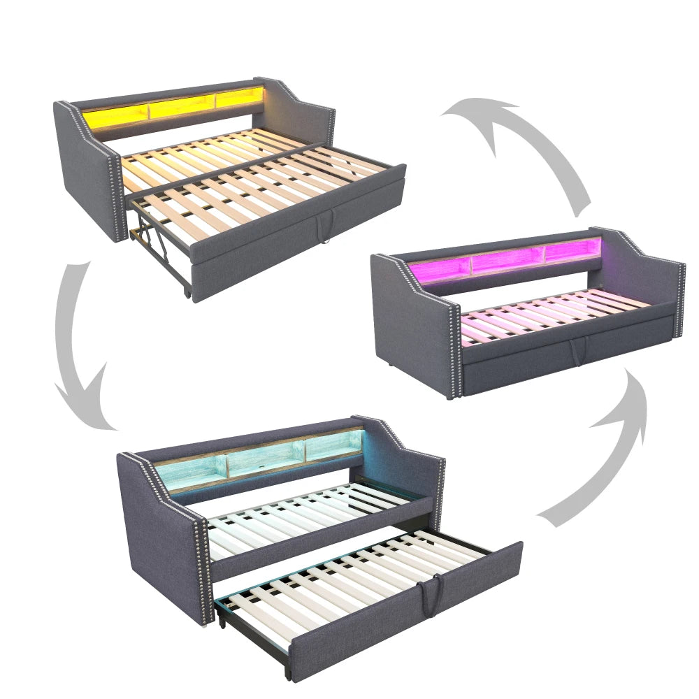 Ausziehbares Schlafsofa 90/180 x 190 cm, multifunktionales Aufbewahrungsfach, LED-Licht und USB-Buchse, mit Gitter, Dunkelgrau
