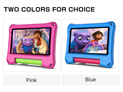 Kids Tablet 7 Inch tablet for toddlers, Android OS with 2 GB RAM and 32 GB storage, with WiFi, dual camera, child safety mode.