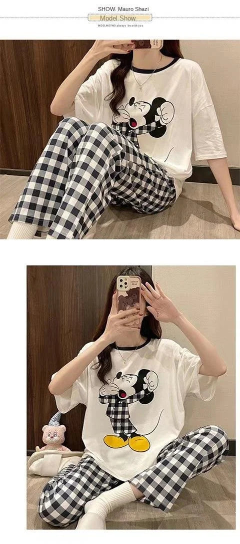 Sommer Pooh Bär Nachtwäsche frauen Lose Bequeme Cartoon Print Hause Kleidung Set Kurzarm Nachthemd Mickey Pyjama Set.