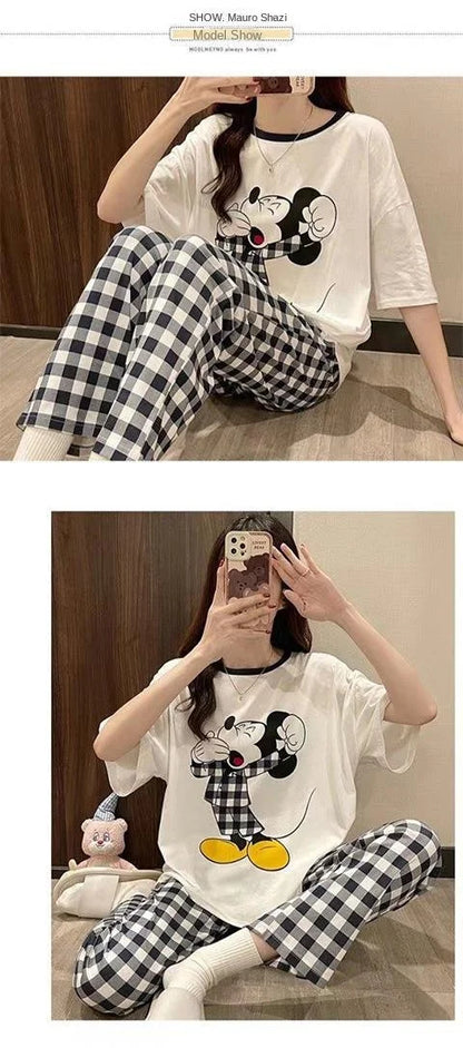 Sommer Pooh Bär Nachtwäsche frauen Lose Bequeme Cartoon Print Hause Kleidung Set Kurzarm Nachthemd Mickey Pyjama Set.