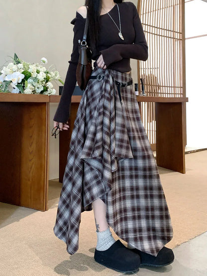 Qiukichonson Long Skirts Women Woolen Skirt 2025 Goth Autumn Winter High Waist Ruffles Asymmetrical Plaid Skirt Maxi With Belt.
