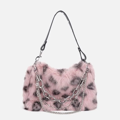 New Faux Fur Leopard Shoulder Bag Women's Autumn Winter Chain Handbags Ladies Leopard Print Clutch Purses Fluffy Top Handle Bags.