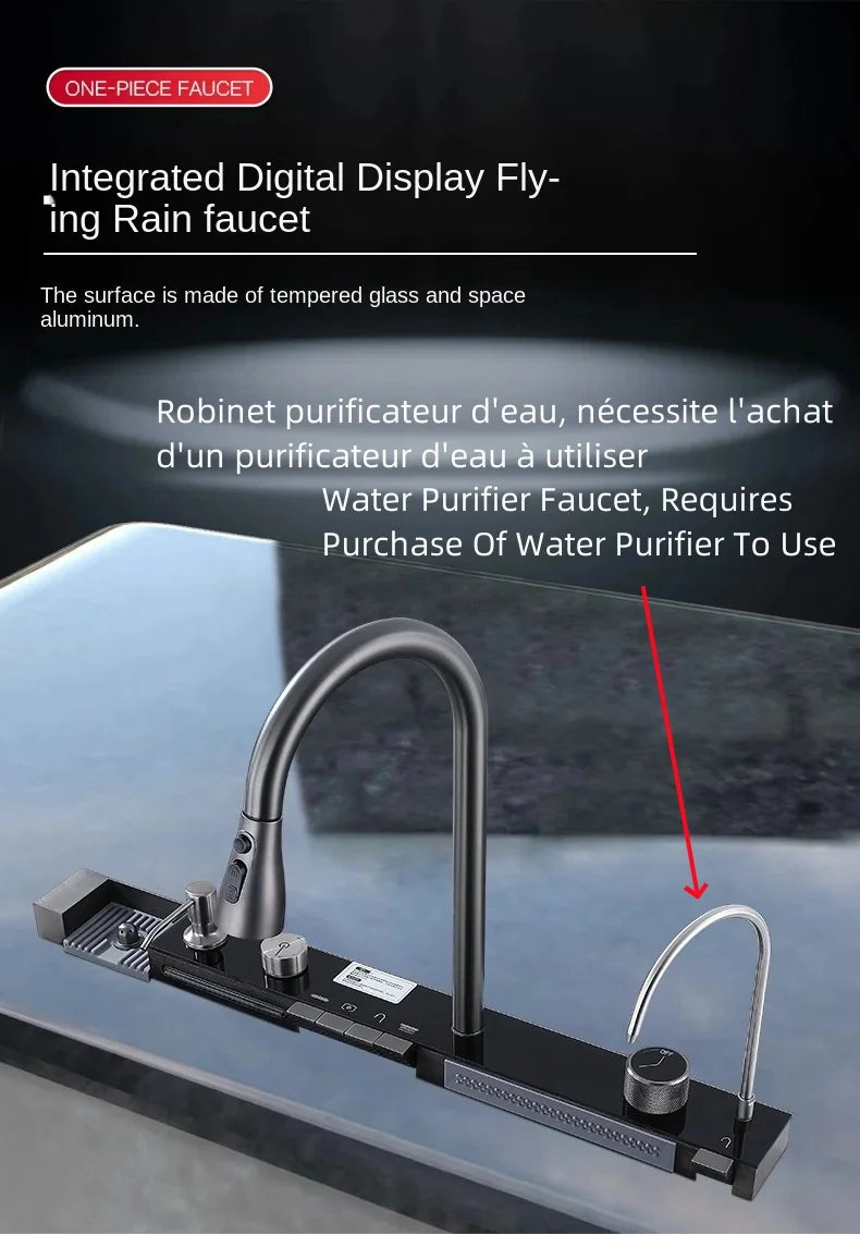 Wasserfall-Küchenspüle aus Edelstahl 304, großes Einzelschlitz-Wasserhahn-Set mit integrierter Digitalanzeige, Seifenspender, Tassenwascher