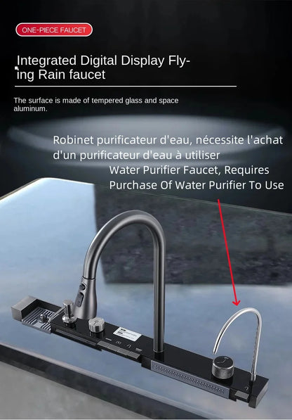 Wasserfall-Küchenspüle aus Edelstahl 304, großes Einzelschlitz-Wasserhahn-Set mit integrierter Digitalanzeige, Seifenspender, Tassenwascher