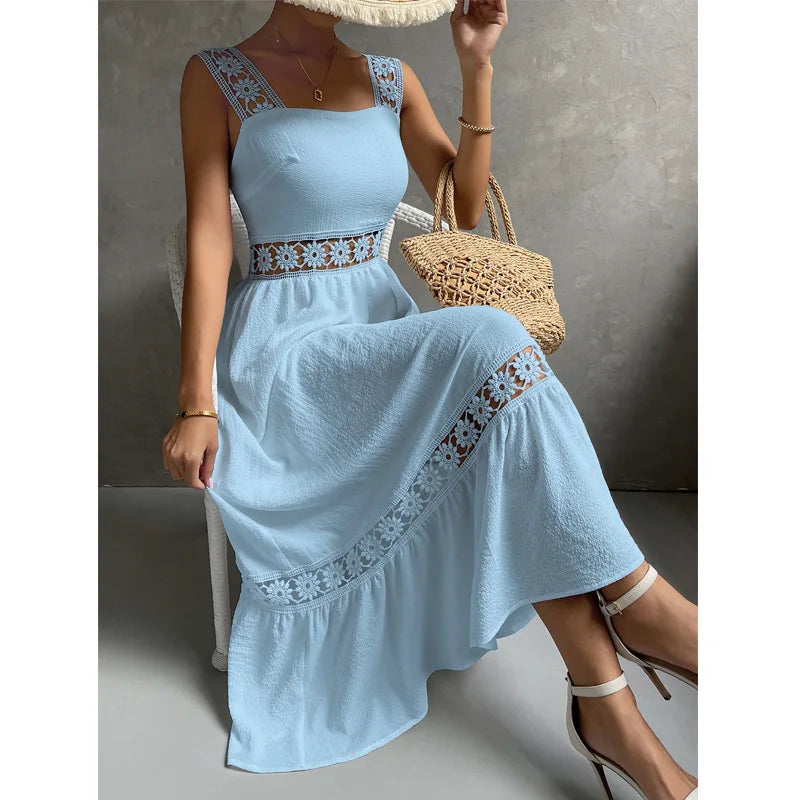 Weiße Lange Kleid Frauen Sommer Sexy Sleeveless Backless Maxi Kleider Damen Elegante Hohle Heraus Spitze Kleid Boho Sommerkleid Vestidos