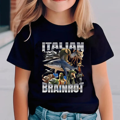 Italian Brainrot Animals Kids Cotton T-shirt Cappuccino Assassino Short Sleeve Tops for Kids Funny Meme Cute Tee Summer Clothing.