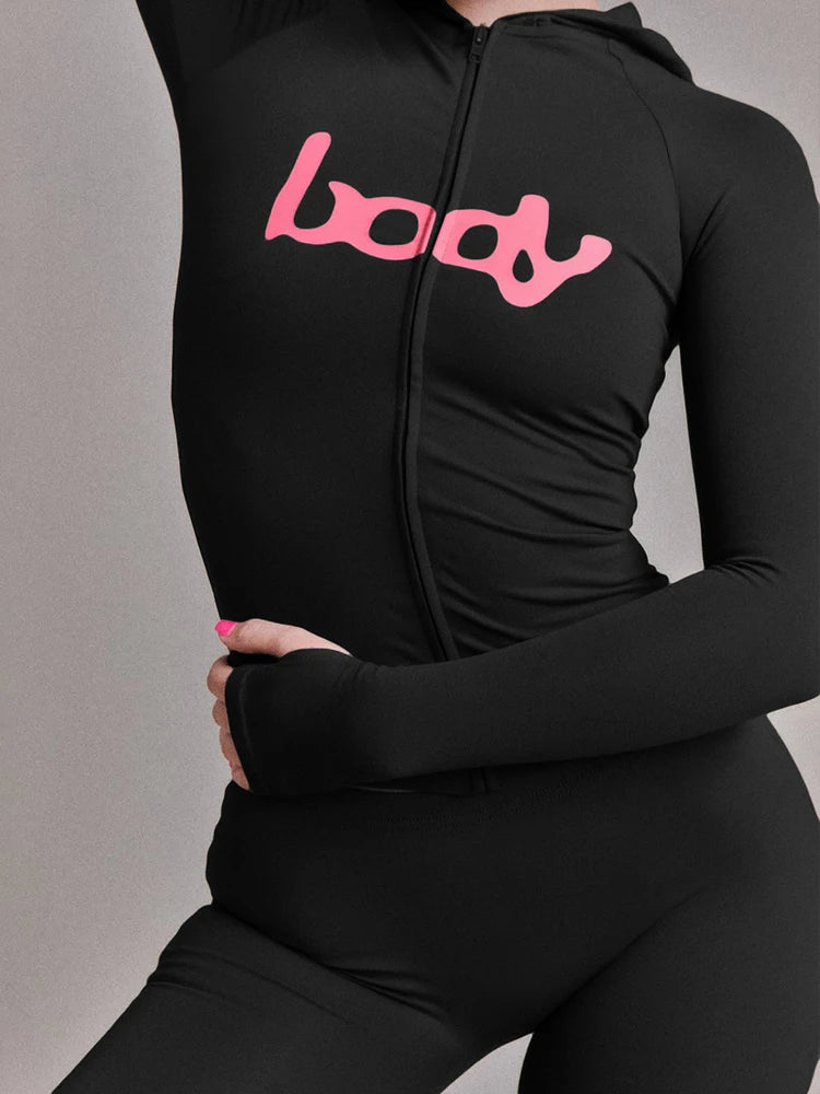 Weird Puss Letter Print 2 Piece Set Women Tracksuit Hooded Jacket+Leggings Matching Stretch Streetwear Casual Sporty Outfits