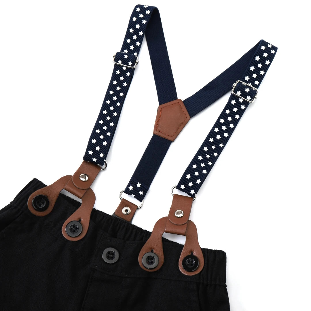 Black & White Classic Baby Boy Clothes Strap Set for Infant 1st Birthday Party Summer Short Sleeve Romper with Solid Shorts Suit.