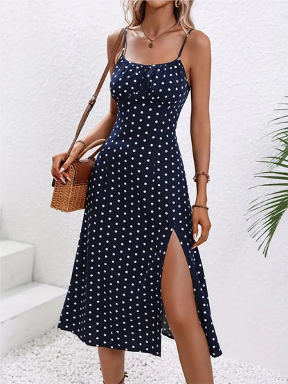 2024 sommer Sexy Spaghetti-trägern Kleid Frauen Mode Polka Dot Print Ärmelloses Schlitz Kleid Boho Casual Strand Midi Kleider.