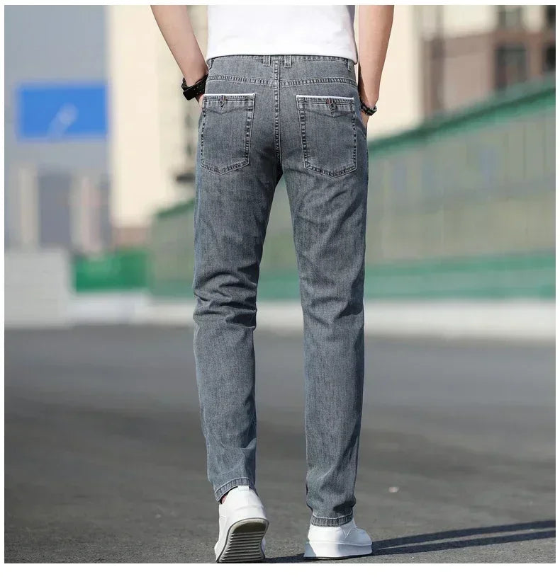 Thin Men's Baggy Soft Casual Jeans Gray Summer Fashion Versatile Comfortable Stretch Straight Casual Jeans Light Blue Male.