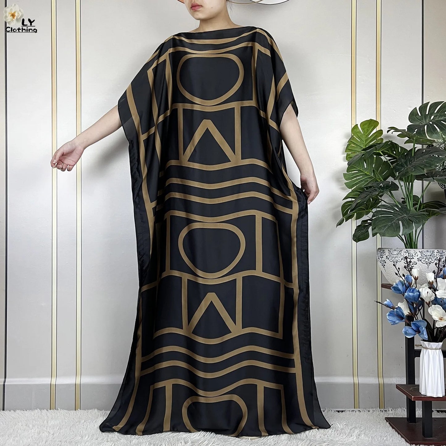 2024 New Dubai Summer Fashion For Women Printed Silk Soft Loose Femme Robe African Islam Maxi Woman Casual Dresses With Turban.