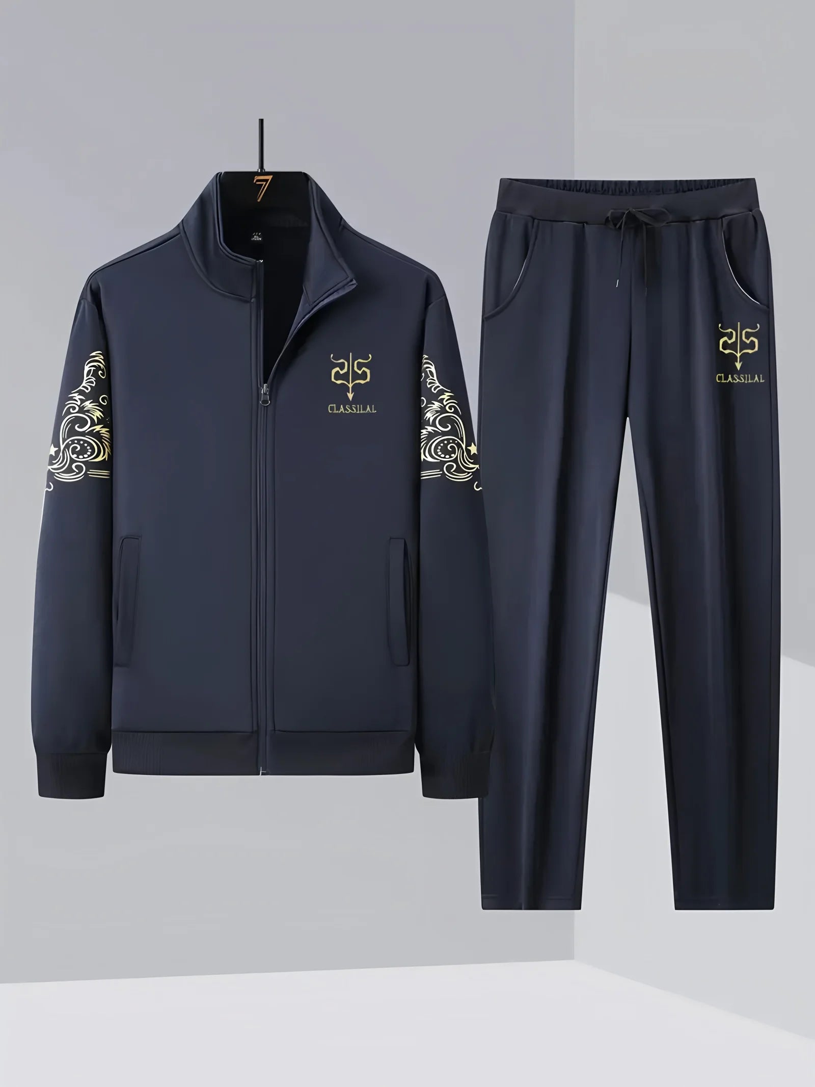 Autumn and winter men's set zipper Stand-up collar sportswear set suitable for fitness running exercise 2 pieces set.