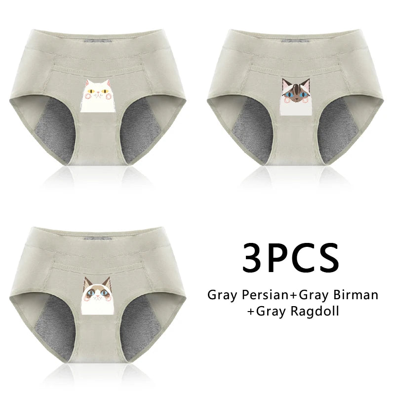 3PCS Cotton Menstrual Panties Leak Proof Breathable Cartoon cat Panties Woman Women Girls Physiological Pants Women's Intimates