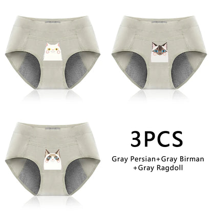 3PCS Cotton Menstrual Panties Leak Proof Breathable Cartoon cat Panties Woman Women Girls Physiological Pants Women's Intimates