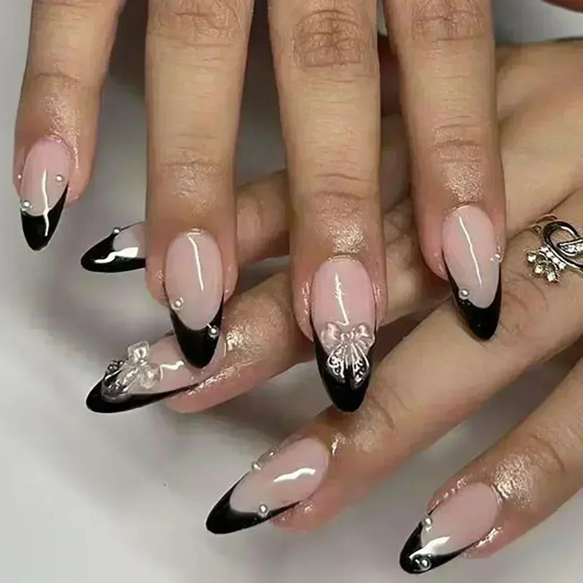 24Pcs False Nails Spicy Girl Silver Bow with Diamond Fake Nails with Glue Almond Press on Nails Black Cool Y2k Almond Nail Set