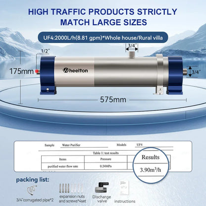 Wheelton whole house high flow water filter purifier 1000L-3000L SUS304 mineral water filter Reusable 0.01um PVDF for 5 years