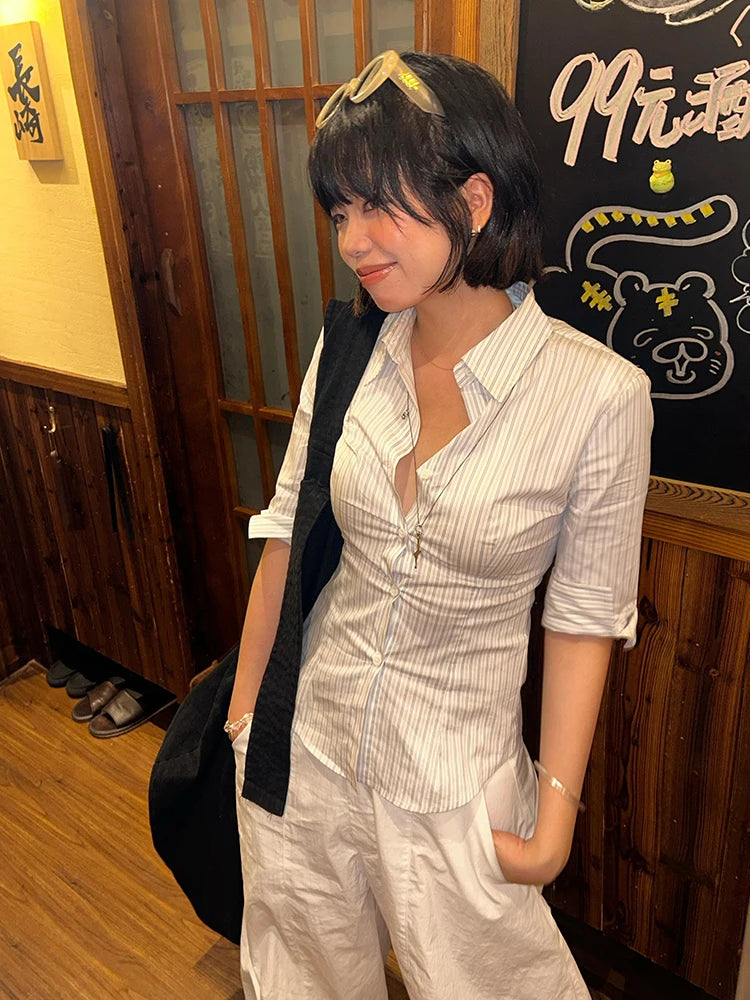Genayooa Korean Style Casual Shirt Women Three Quarter Striped Shirts 2000s Japanese Y2k Vintage Tops Slim Retro Shirts Summer.