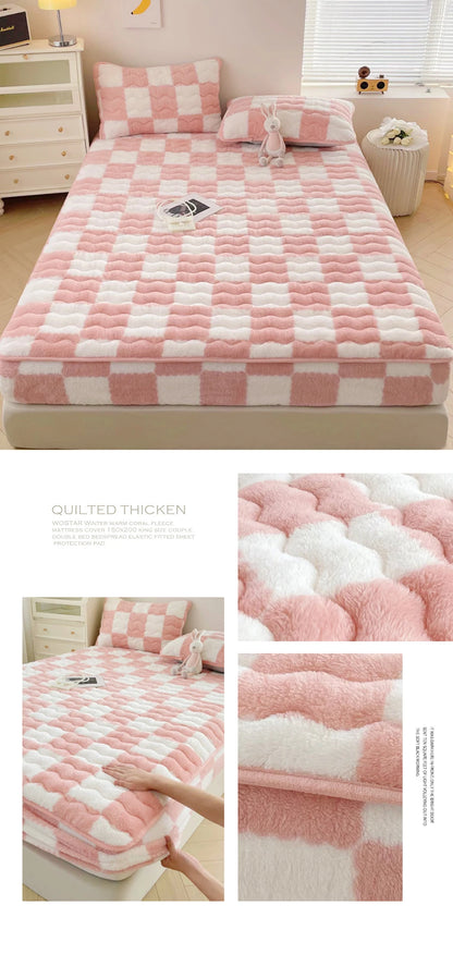 WOSTAR Winter warm coral fleece mattress protector cover fluffy plush plaid print elastic fitted sheet bed protection pad 90x200.