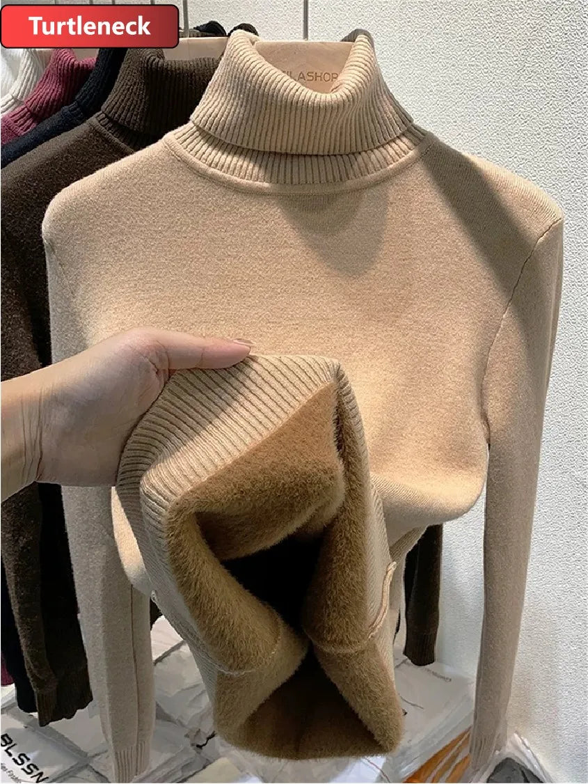 Verdicken Samt Rollkragenpullover Frauen Koreanische Mode Gefüttert Warme Sueter Gestrickte Pullover Schlank Top Winter Jersey Strickwaren Jumper