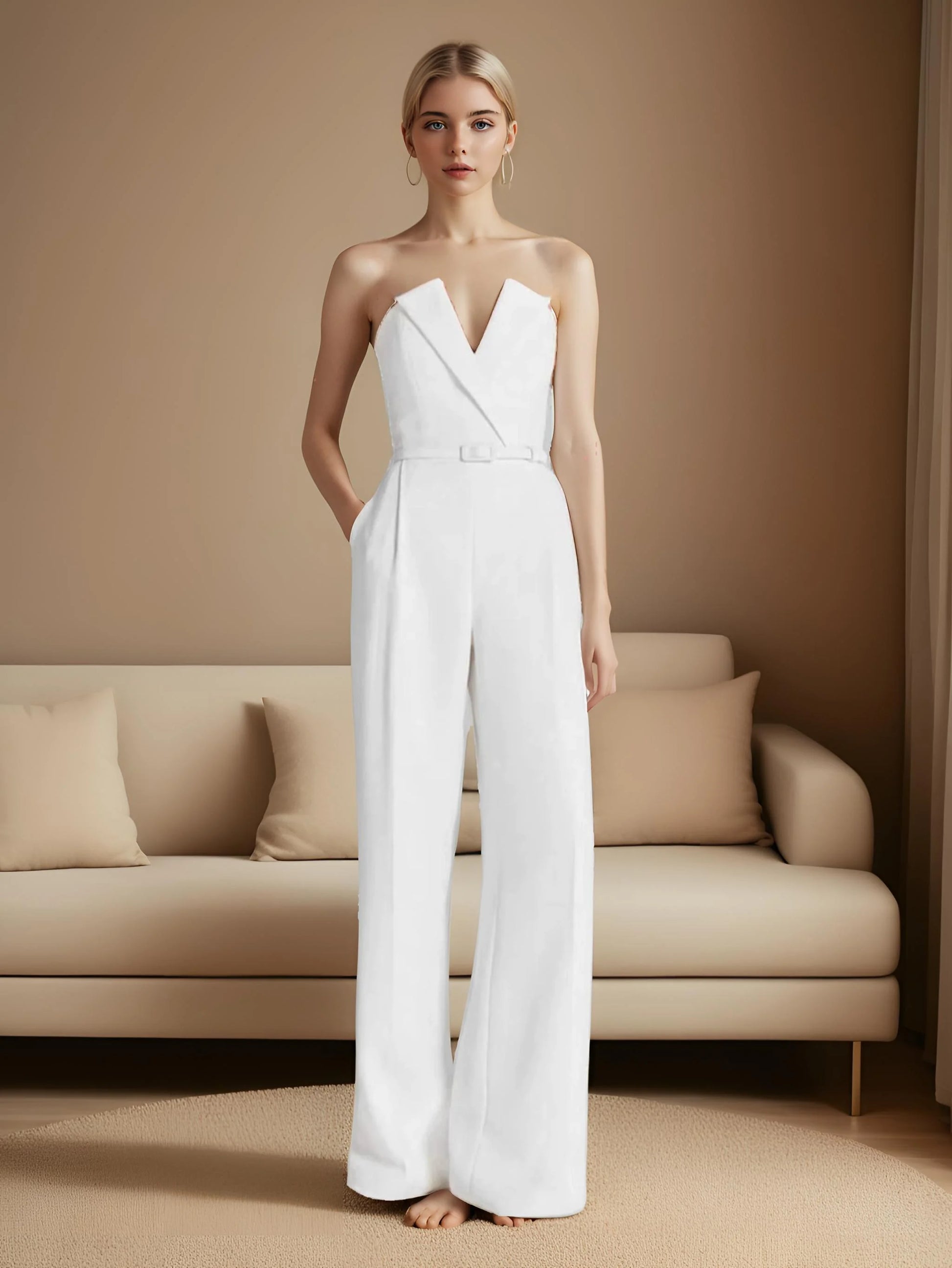 CM.YAYA Women Wide Leg Strapless V-neck Sleeveless Jumpsuits 2025 Summer OL Beach Night Club Party Street One Piece Suit Romper.