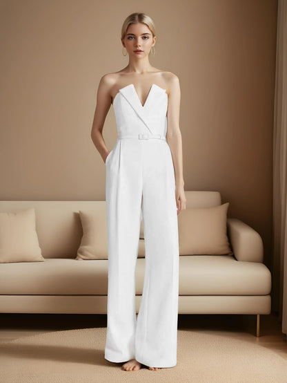 CM.YAYA Women Wide Leg Strapless V-neck Sleeveless Jumpsuits 2025 Summer OL Beach Night Club Party Street One Piece Suit Romper.